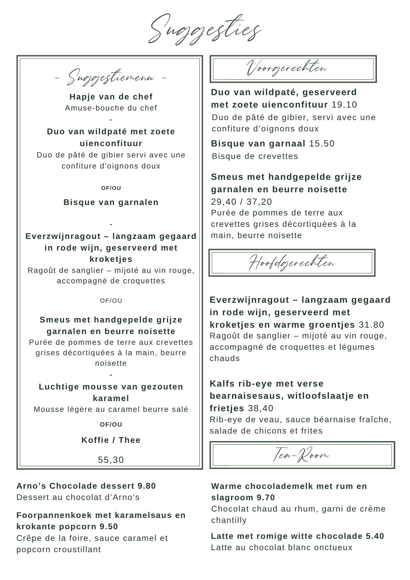Suggesties en suggestiemenu van Resto Arno’s, oktober 2026